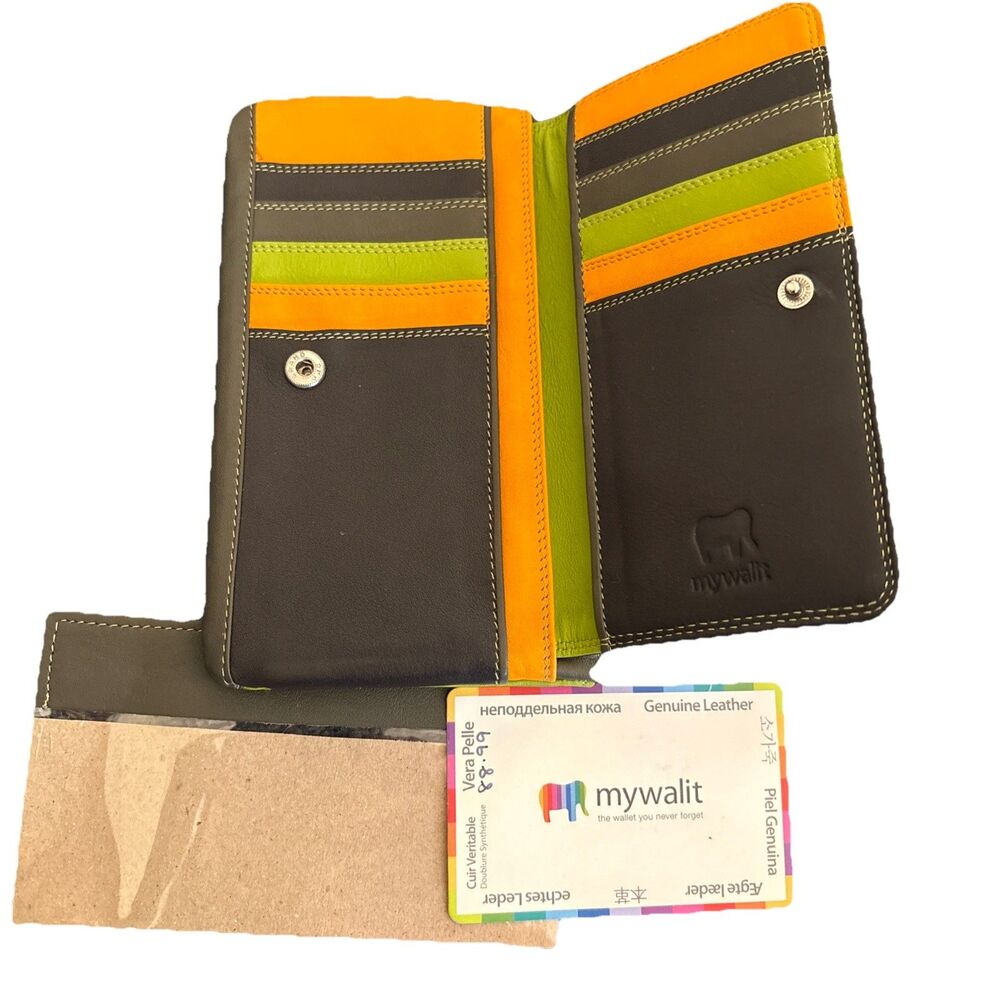 NWT MYWALIT Color Block Leather Bifold Zip Wallet Green Orange Brown
